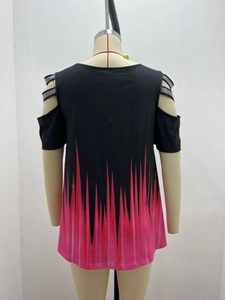 Close-up of V-neck top showing cold-shoulder cutout with silver rhinestone detailing