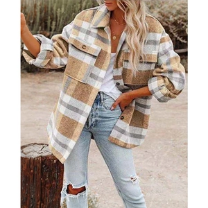 Women's oversized plaid wool shacket with flap pockets and buttons in brown and grey