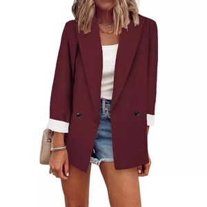 Women's burgundy blazer with white contrast cuffs and black buttons for casual wear