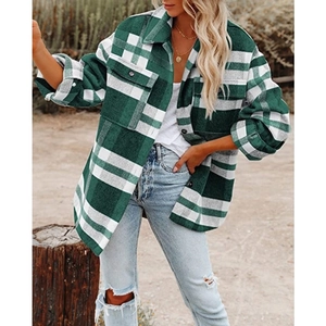 Green and white plaid flannel jacket with lapels and chest pockets for women