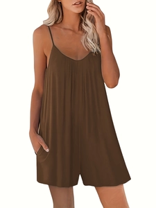 Close-up of brown V-neck romper featuring thin straps and soft cotton linen fabric
