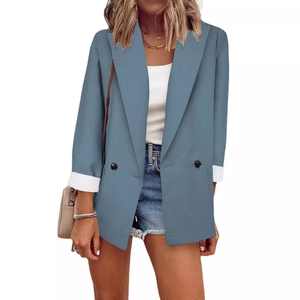 Women's dusty blue casual blazer with contrast white cuffs and classic lapel collar