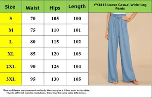 Size chart for high waist cotton linen wide leg trousers from S to 3XL with measurements