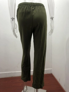 Detail of army green cotton linen wide leg pants with elastic drawstring waistband