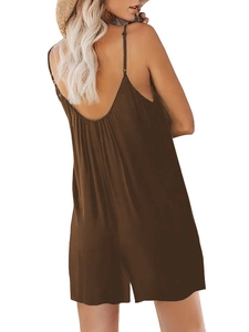 Back view of a loose dark brown V-neck summer romper with thin spaghetti straps