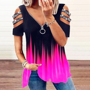 Detail of V-neck zipper with rhinestones on shoulder straps and pink gradient fabric