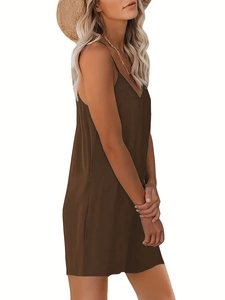 Side view of a brown V-neck sleeveless mini dress with thin straps for summer wear