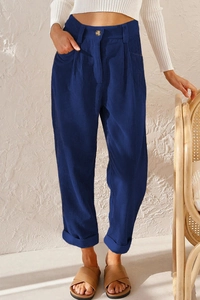 Damen Cordhose mit hoher Taille in Dunkelblau, gerade geschnitten mit Seitentaschen