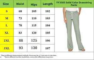 Size chart for women's linen wide-leg pants showing S to 3XL waist and hip dimensions