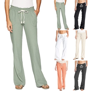 Detail of cotton linen pants featuring elastic waist, drawstring, and multi-color options