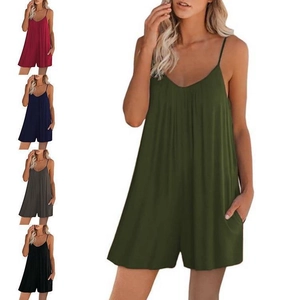 Women Casual Sleeveless Romper V Neck Loose Spaghetti Strap Jumpsuit With Pockets Summer Solid Color Home Wear Loungewear