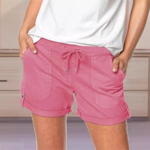 Pantaloncini estivi rosa da donna con coulisse, gamba dritta e bottoni decorativi