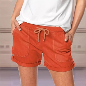 Pantaloncini casual arancioni da donna con coulisse elastica in vita e tasche grandi