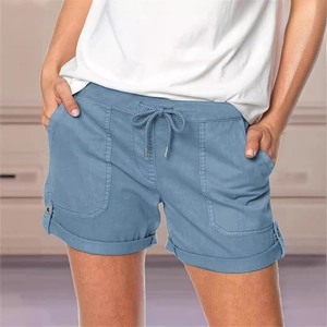 Pantaloncini casual blu da donna con vita a coulisse e grandi tasche laterali