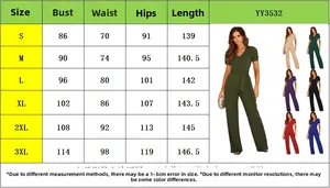 Detailed size chart for V-neck short sleeve jumpsuit with bust, waist and length measurements