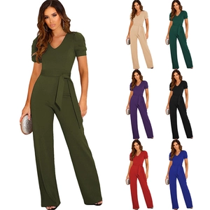 Detailed grid of V-neck tie-waist jumpsuits showing multiple colors and wide-leg design