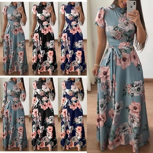 Damen Elegant Mock Neck Blumenmuster Maxi Kleid Kurz Langarm Hohe Taille Mit Gürtel Großer Saum A-Linie Flare Langes Kleid