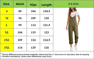 Detailed size chart for women's loose casual overall jumpsuit with pockets and measurements