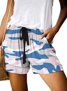 Detail of blue and pink camo shorts featuring elastic waistband and black drawstrings
