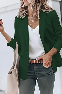 Detail of a dark green casual blazer with notched lapels and single-breasted button design