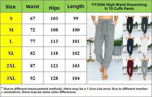 Size guide table for high waist drawstring joggers showing waist and length measurements