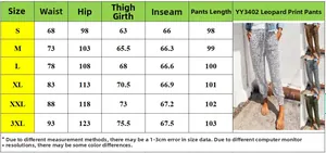 Detailed size chart for leopard print cuffed trousers from size S to 3XL with measurements