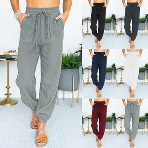 Detailed grid showing six solid colors of women's high-waisted drawstring jogger pants