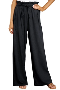 Detail of paperbag waist with self-tie belt on high-waist black wide-leg cotton pants