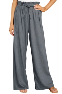 Detailed view of high-waist paperbag wide-leg trousers in dark gray textured fabric