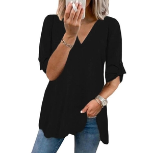 Camicetta casual da donna in chiffon nero con scollo a V e maniche arrotolate morbide