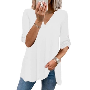 Camicetta minimalista bianca in chiffon con scollo a V e maniche lunghe arrotolabili