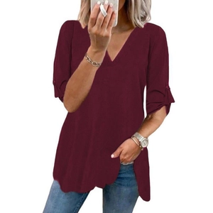 Elegante camicetta in chiffon bordeaux da donna con scollo a V e vestibilità casual ampia