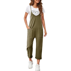 Women's casual military green wide-leg jumpsuit with pockets and adjustable straps