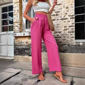 Pantalon femme taille haute à jambes larges rose vif avec cordon et détails boutons