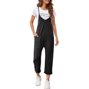 Casual black sleeveless jumpsuit with wide straps and large side pockets for women