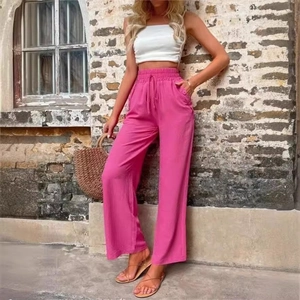 Pantalon large taille haute pour femme rose fushia avec taille élastique à cordon