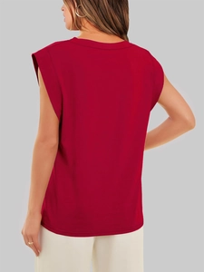 Detail view of the back of a dark red sleeveless loose fit T-shirt with crew neck