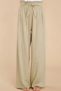 Detailed texture of high-waisted paper-bag cotton linen wide-leg trousers in khaki