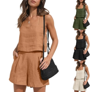 Women Casual 2 Piece Linen Set Square Neck Sleeveless Tank Top And High Waist Shorts Breathable Solid Color Summer Outfit