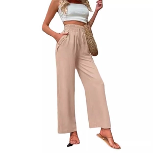 Pantalon femme décontracté taille haute jambe large en coton-lin beige avec cordon de serrage