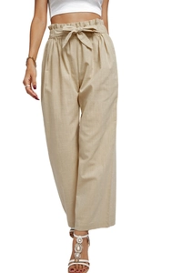 Detailed view of beige paperbag waist cotton linen pants with bow belt and pleats