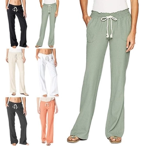Women Cotton Linen Wide Leg Pants Solid Color Drawstring Elastic Waist Casual Loose Trousers For Summer Daily Wear Comfortable Breathable Ladies Fashion