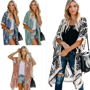 Cardigan Kimono Bohème Femmes Polyester Maillot De Bain Cover Up Devant Ouvert Longueur Moyenne Imprimé Gland Pompon Vacances Été Top