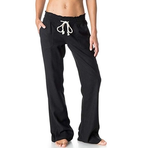 Women's black linen wide leg trousers with elastic high waist and white drawstring