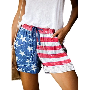 Detail of high waist American flag shorts with stars stripes and drawstring waist