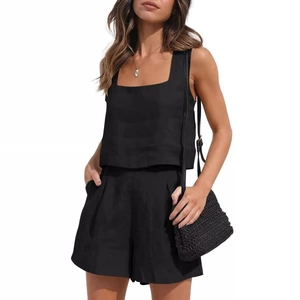 Women's two-piece casual linen set with sleeveless square neck tank top and high waist shorts