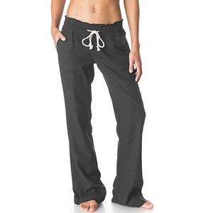 Women's casual black wide-leg linen pants with adjustable drawstring waist and side pockets