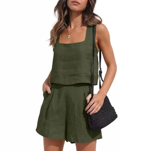 Women's 2-piece linen set featuring square neck sleeveless top and high-waist wide-leg shorts