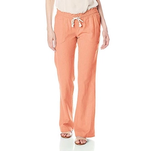 Relaxed fit peach cotton linen trousers for women with adjustable drawstring waist