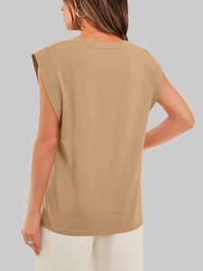 Rear view of khaki sleeveless muscle tee showing round neck and soft fabric texture